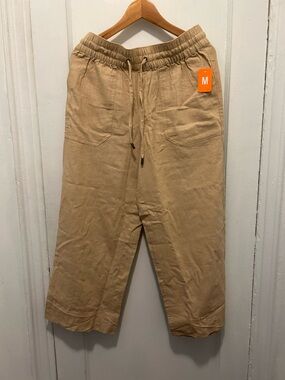 Nautica Women's Linen Tan Elastic Drawstring Wide Leg Pants